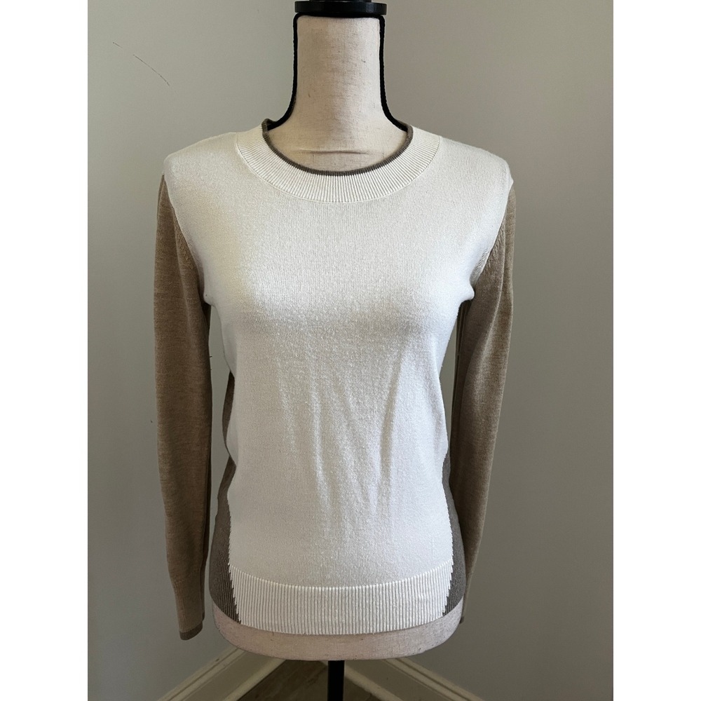 Colorblock Crewneck Sweater XS White Long Sleeve Knit Preppy Minimalist Neutral